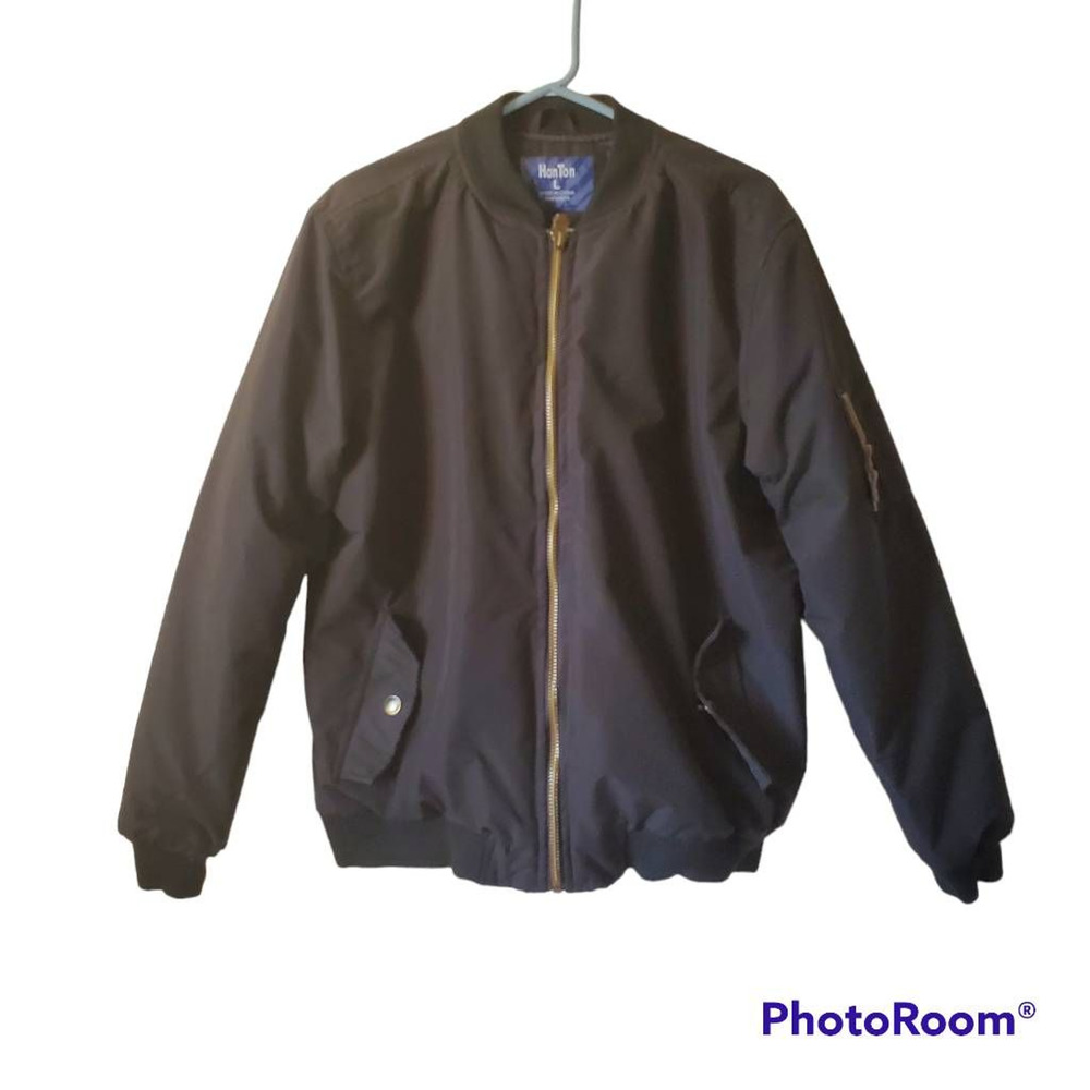 Han Ton Mens L Bomber Jacket Black Full Zip Insulated Quilted Flap Pockets